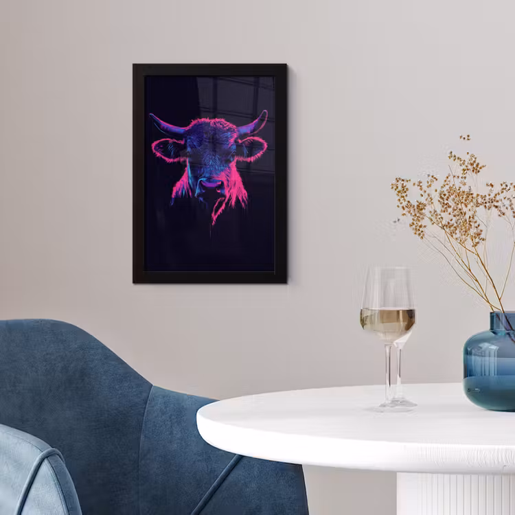Poster met lijst - Stier - Neon - Zwart - Kleur — 4
