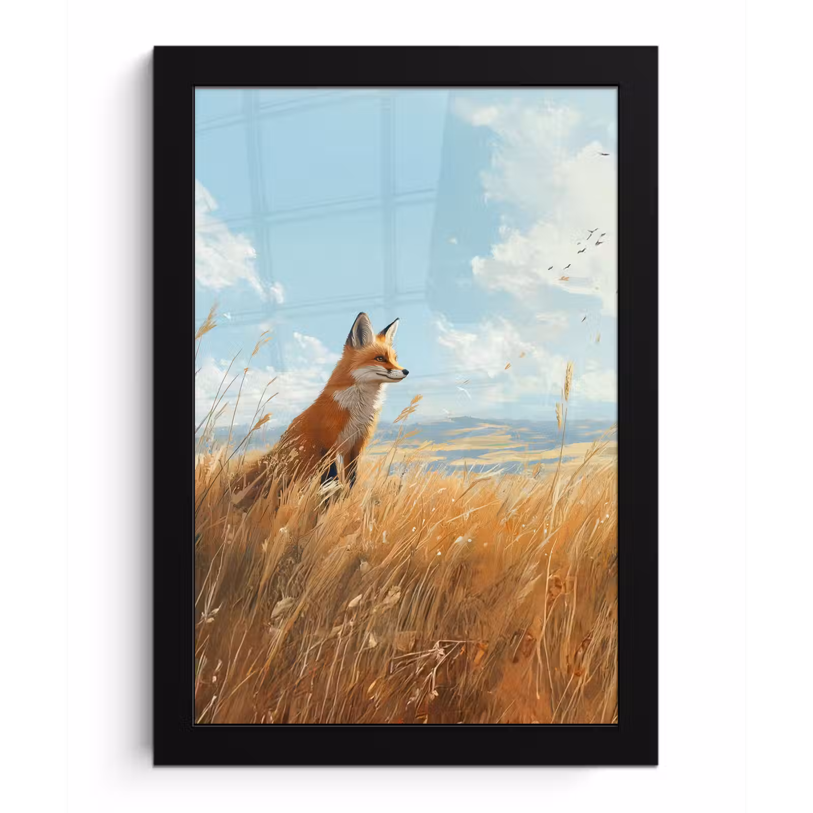 Poster met lijst - Vos - Gras - Wolken - Oranje — 1