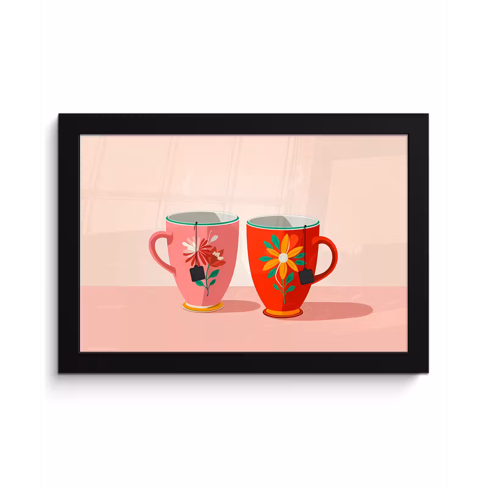 Poster met lijst - Theekopjes - Bloemmotieven - Roze - Theezakjes — 1