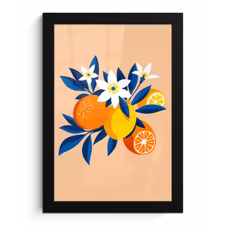 Poster met lijst - Illustratie - Sinaasappels - Donkerblauw - Bloemen — 1