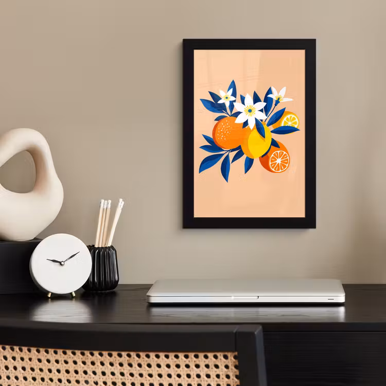 Poster met lijst - Illustratie - Sinaasappels - Donkerblauw - Bloemen — 2