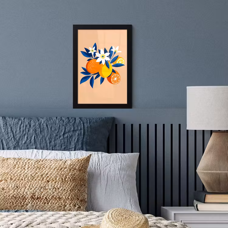 Poster met lijst - Illustratie - Sinaasappels - Donkerblauw - Bloemen — 3
