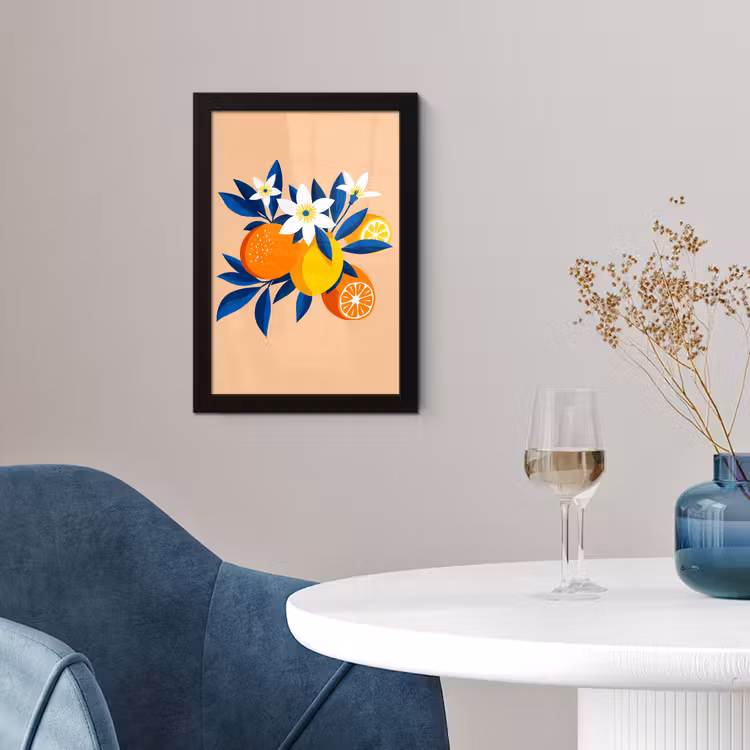 Poster met lijst - Illustratie - Sinaasappels - Donkerblauw - Bloemen — 4