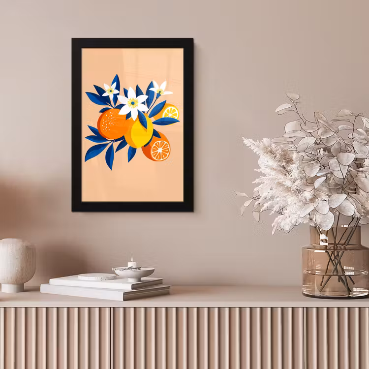 Poster met lijst - Illustratie - Sinaasappels - Donkerblauw - Bloemen — 5
