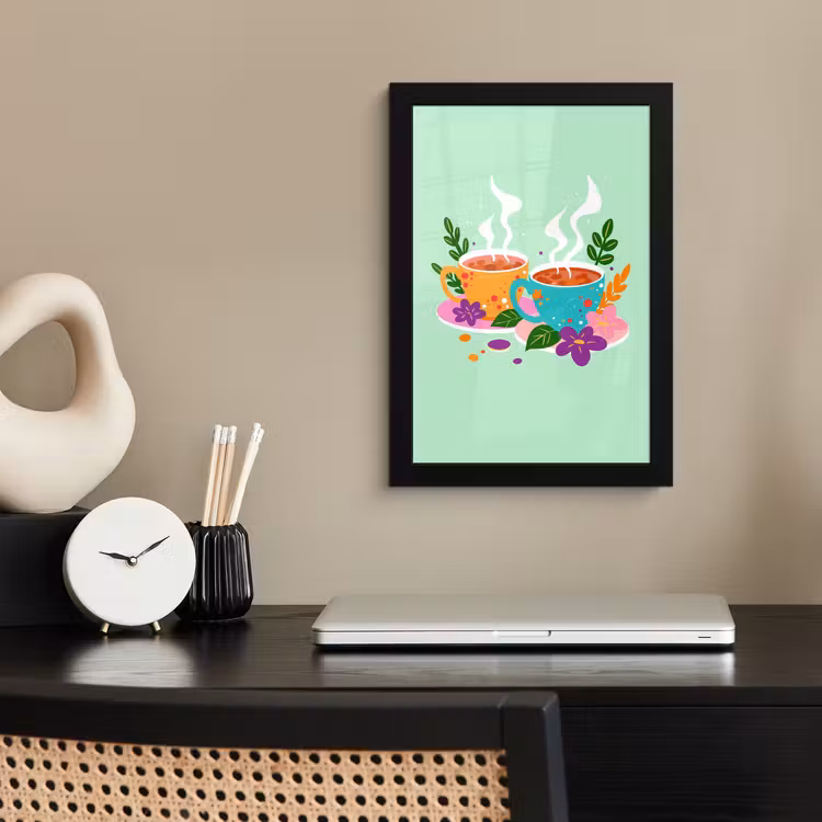 Poster met lijst - Thee - Illustratie - Kopjes - Bloemen — 2