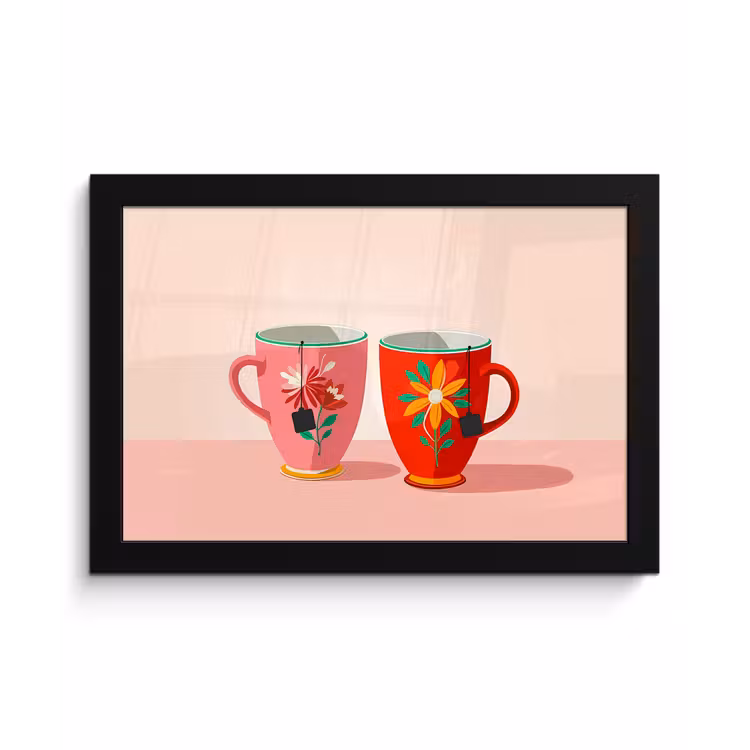 Poster met lijst - Theekopjes - Bloemmotieven - Roze - Theezakjes — 1
