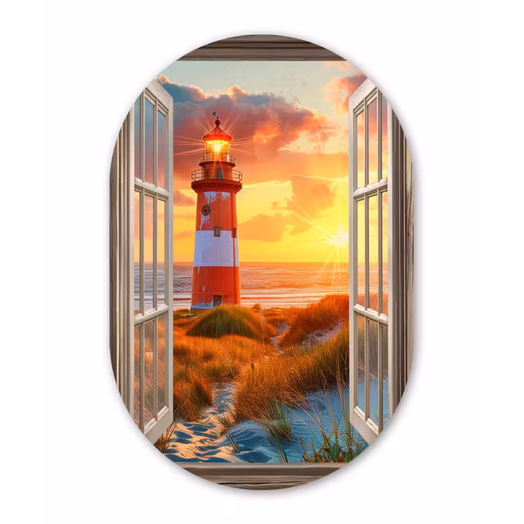 Muurovaal - aluminium - Doorkijk - Raam - Vuurtoren - Zonsondergang - Strand — 1