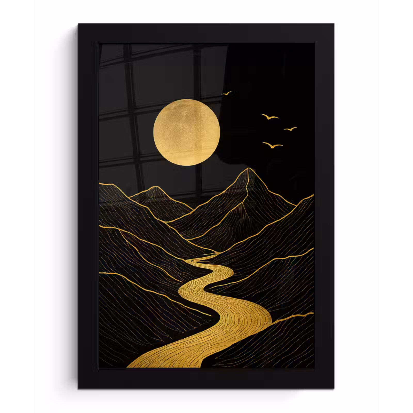 Poster met lijst - Rivier - Goud - Maan - Vogels — 1
