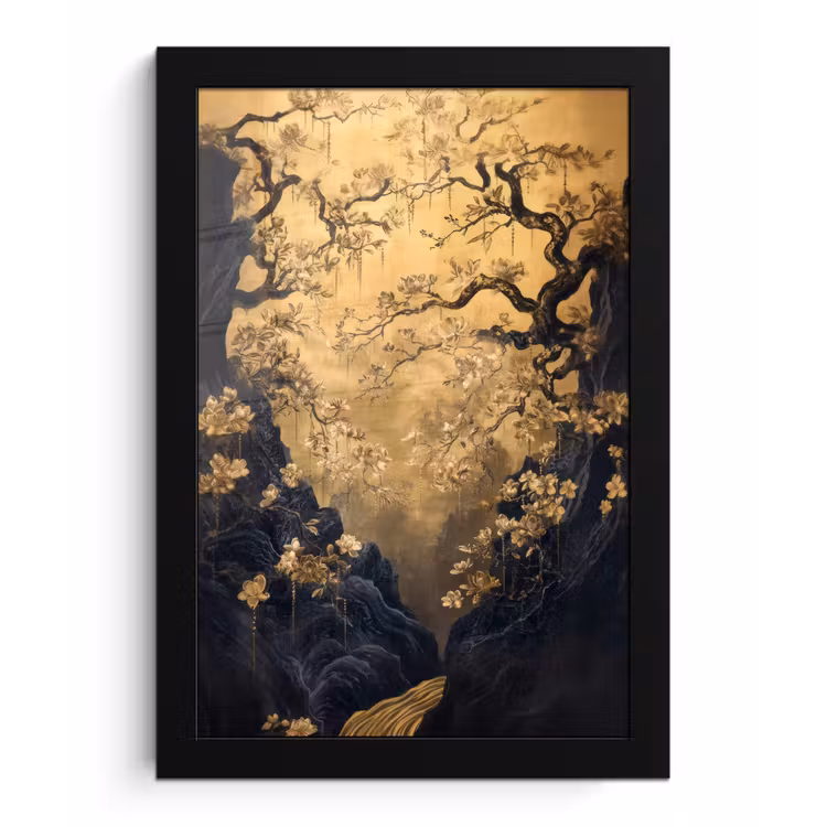 Poster met lijst - Bloemen - Takken - Goud - Sierlijk — 1