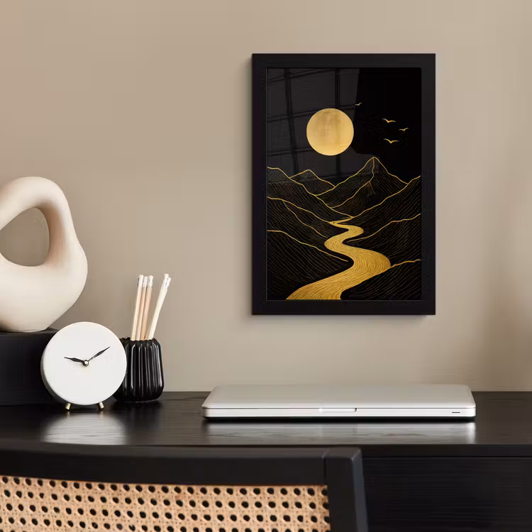 Poster met lijst - Rivier - Goud - Maan - Vogels — 2