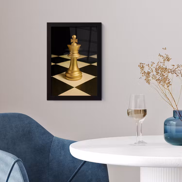 Poster met lijst - Schaakstuk - Koning - Schaakbord - Geblokt — 4