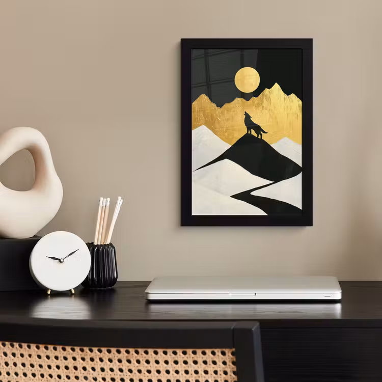 Poster met lijst - Wolf - Bergen - Maan - Zwart — 2