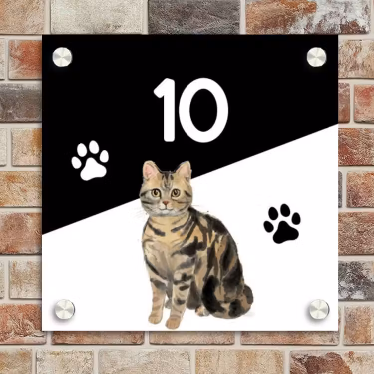 Naambordje voordeur - Vierkant - Zwart wit - Huisdier - Bruingestreepte kat — 4