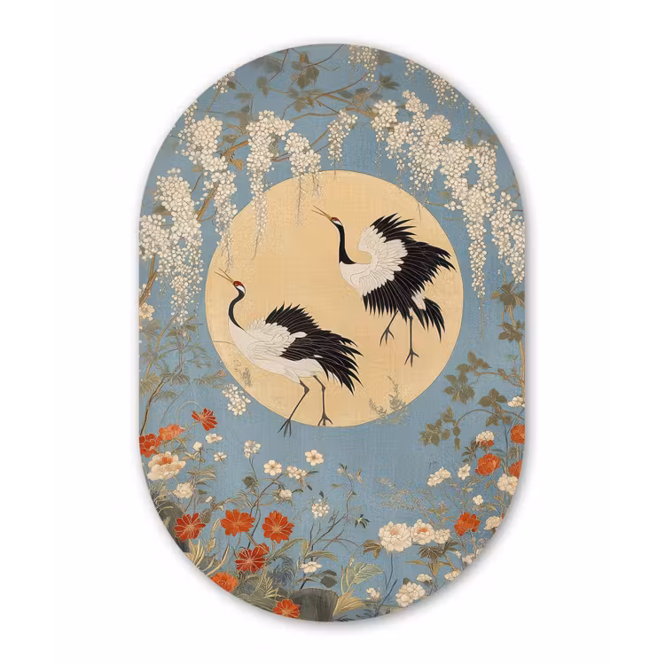 Muurovaal - aluminium - Kraanvogels - Maan - Bloemen - Blauw — 1