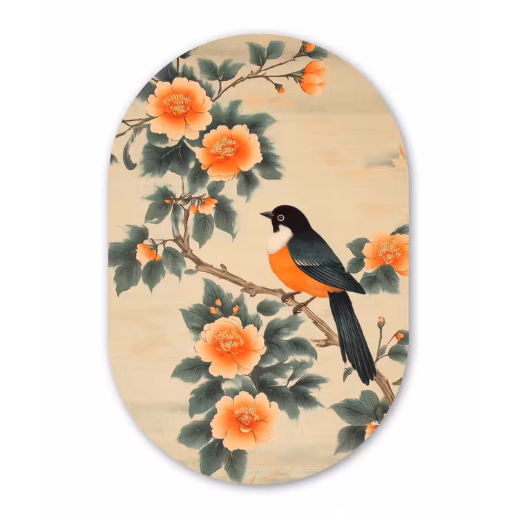 Muurovaal - aluminium - Vogel - Tak - Bloemen - Oranje — 1