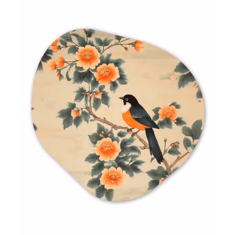 Organische vorm - schilderij - Aluminium - Vogel - Tak - Bloemen - Oranje — 1