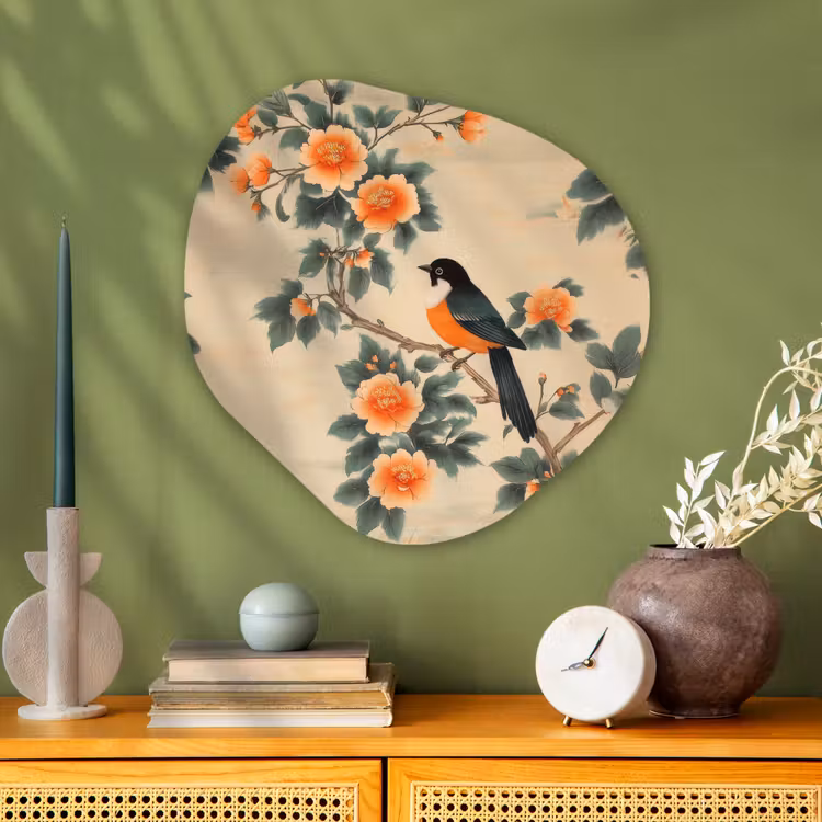 Organische vorm - schilderij - Aluminium - Vogel - Tak - Bloemen - Oranje — 2