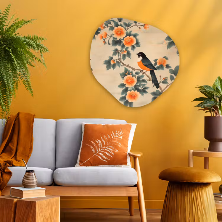 Organische vorm - schilderij - Aluminium - Vogel - Tak - Bloemen - Oranje — 3
