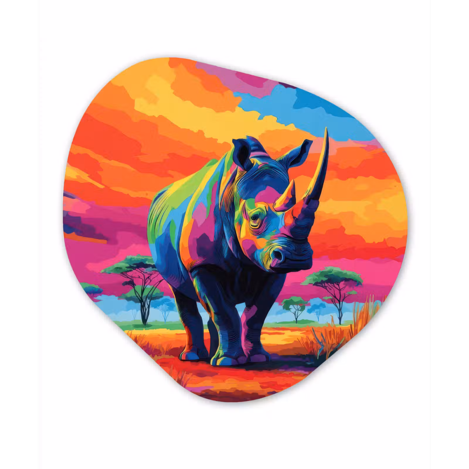 Organische vorm - schilderij - Aluminium - Neushoorn - Zonsondergang - Savanna - Kleurrijk — 1