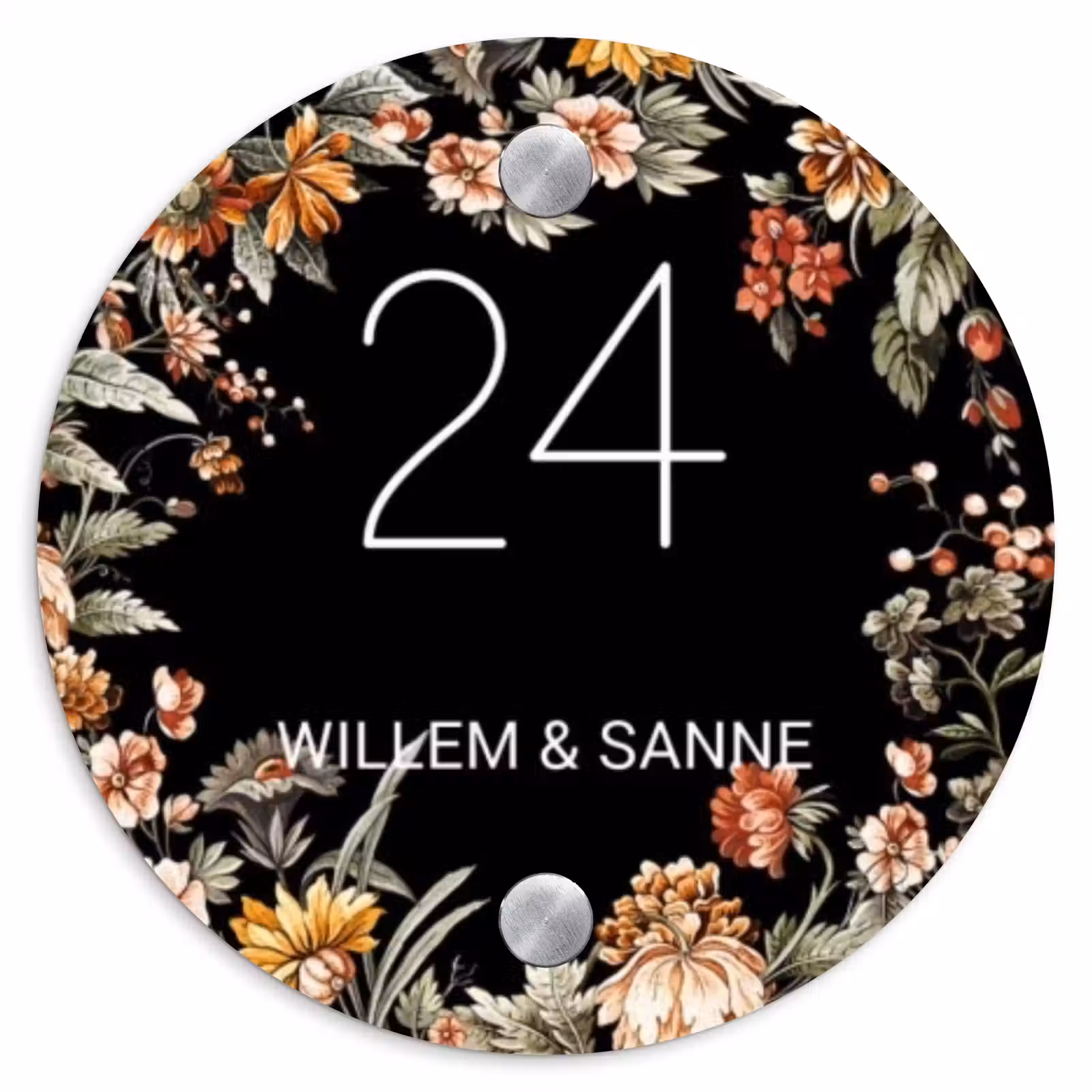 Naambordje voordeur - Rond - Bloemen - Zwart - Klassiek — 1