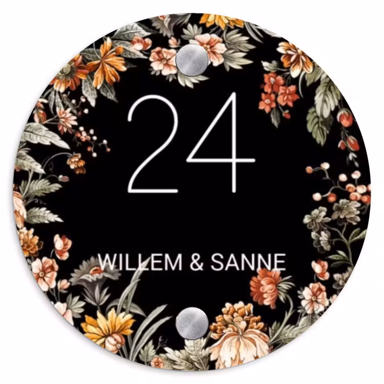 Naambordje voordeur - Rond - Bloemen - Zwart - Klassiek — 1