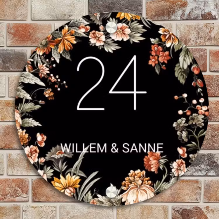 Naambordje voordeur - Rond - Bloemen - Zwart - Klassiek — 4