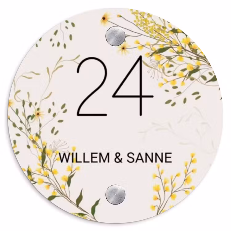 Naambordje voordeur - Rond - Gele bloemen - Klassiek — 1