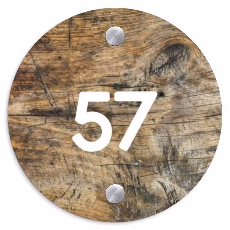 Naambordje voordeur - Rond - Verweerd hout - Traditioneel — 1