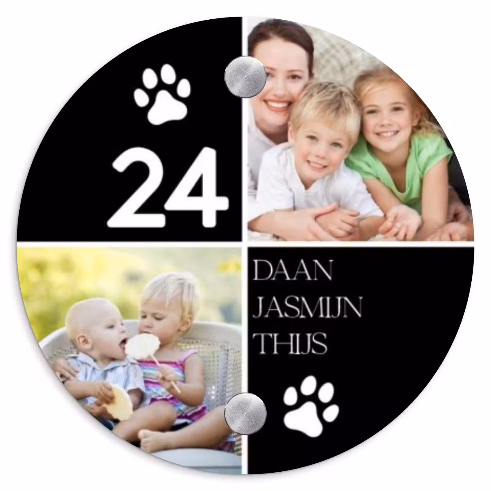 Naambordje voordeur - Rond - Familieportret met pootafdrukken zwart - Klassiek — 1