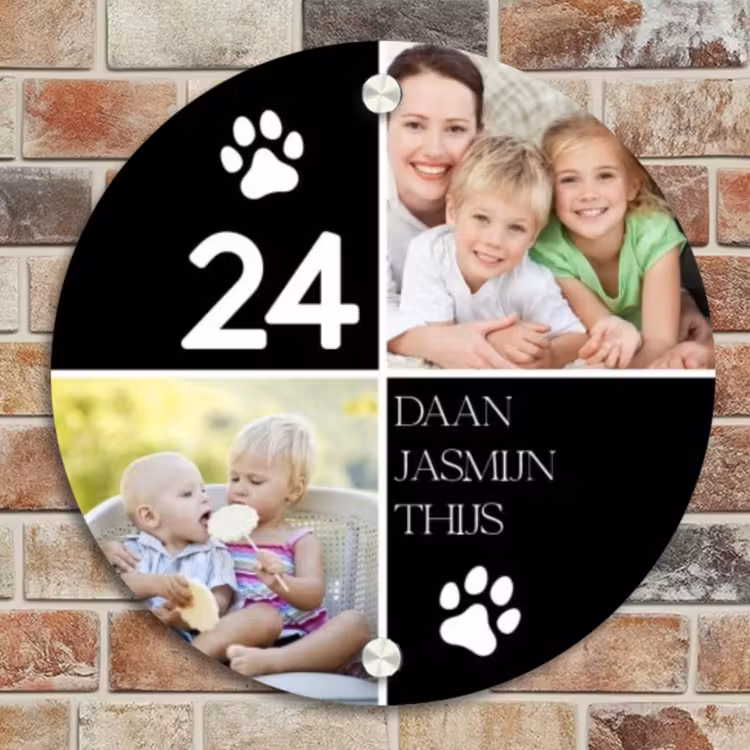 Naambordje voordeur - Rond - Familieportret met pootafdrukken zwart - Klassiek — 4
