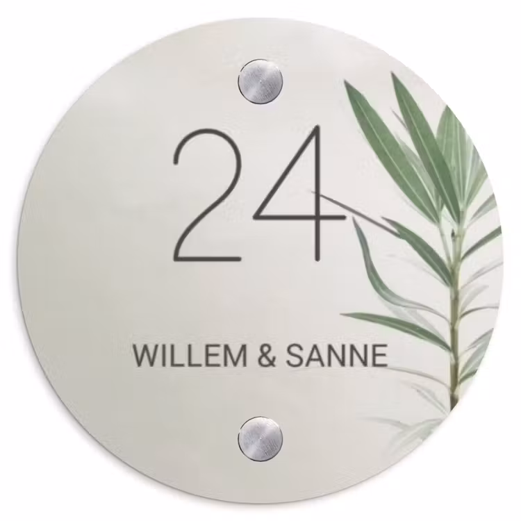 Naambordje voordeur - Rond - Lichtbeige met plant - Klassiek — 1