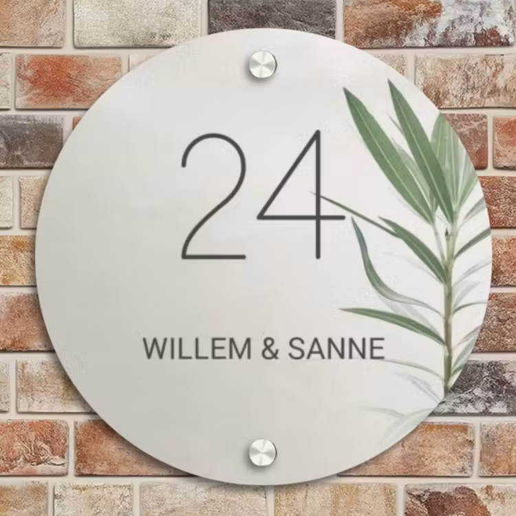 Naambordje voordeur - Rond - Lichtbeige met plant - Klassiek — 4