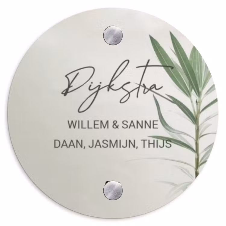 Naambordje voordeur - Rond - Lichtbeige met plant - Sierlijk — 1
