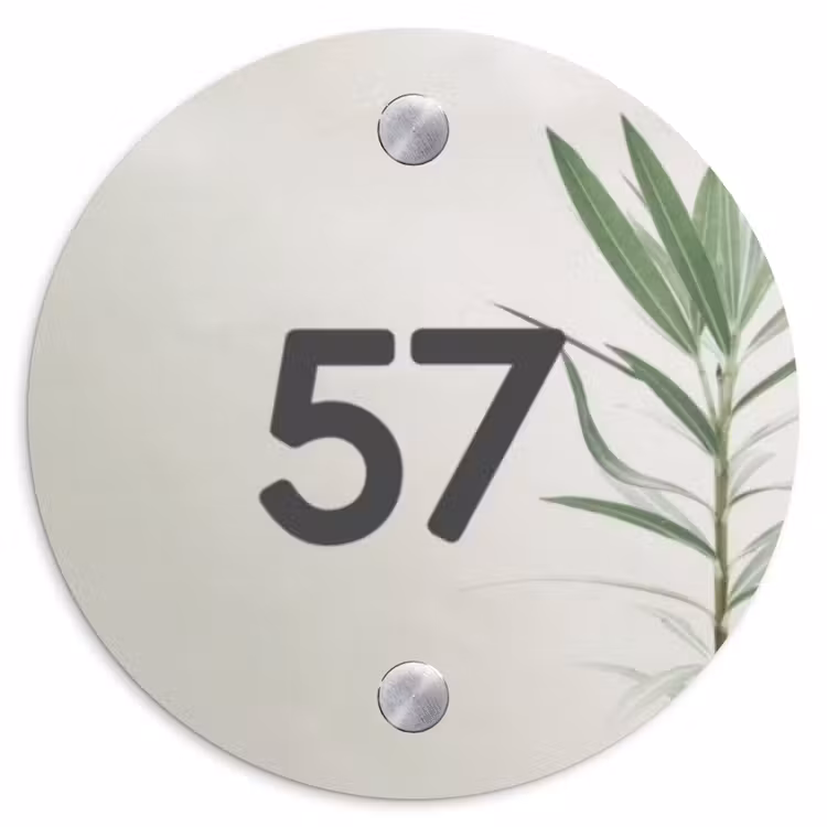 Naambordje voordeur - Rond - Lichtbeige met plant - Traditioneel — 1