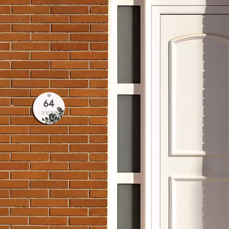 Naambordje voordeur - Rond - Wit met bladeren - Modern — 3