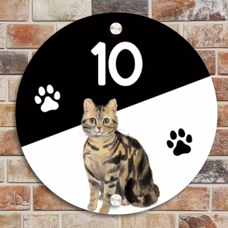 Naambordje voordeur - Rond - Zwart wit - Huisdier - Bruingestreepte kat — 4