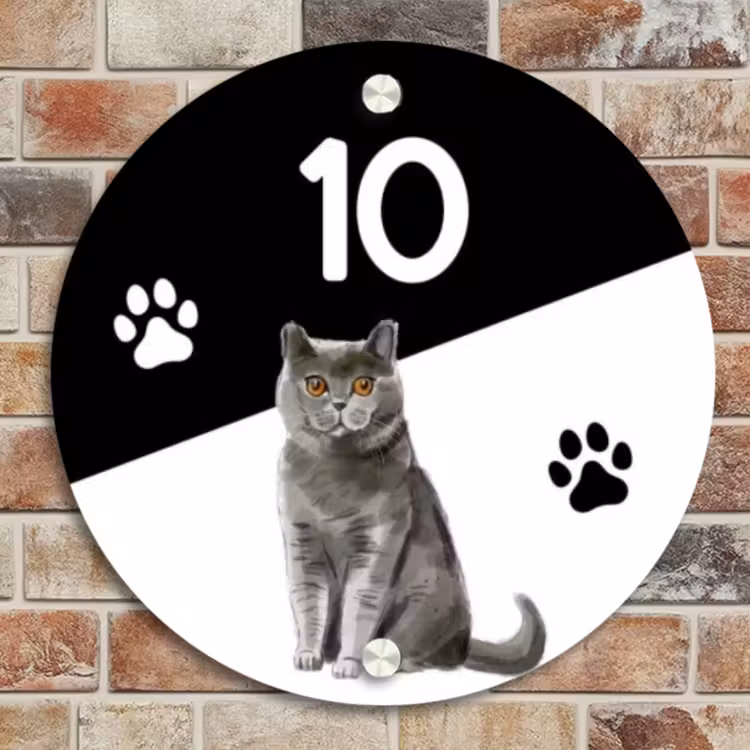 Naambordje voordeur - Rond - Zwart wit - Huisdier - Grijze kat — 4