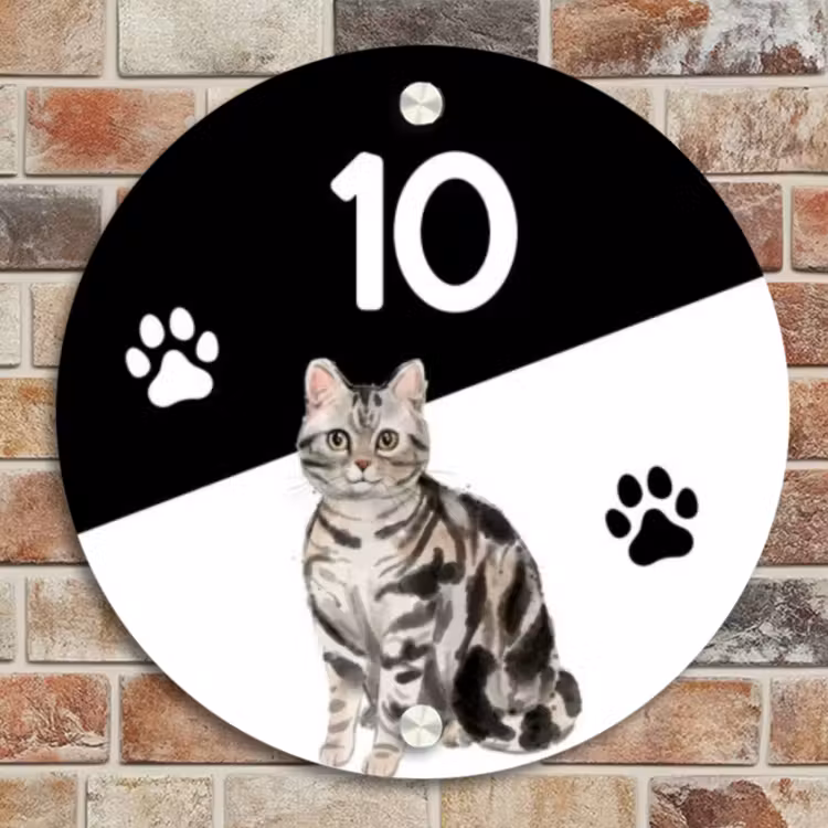 Naambordje voordeur - Rond - Zwart wit - Huisdier - Zilvergrijs gestreepte kat — 4