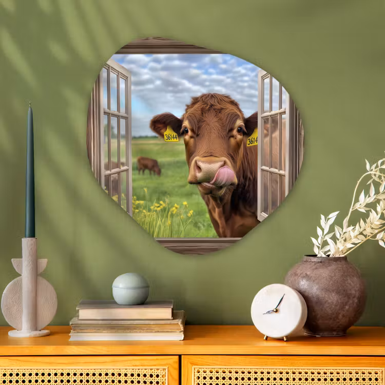 Organische vorm - schilderij - Aluminium - Doorkijk - Koe - Weiland - Landschap - Dieren — 2