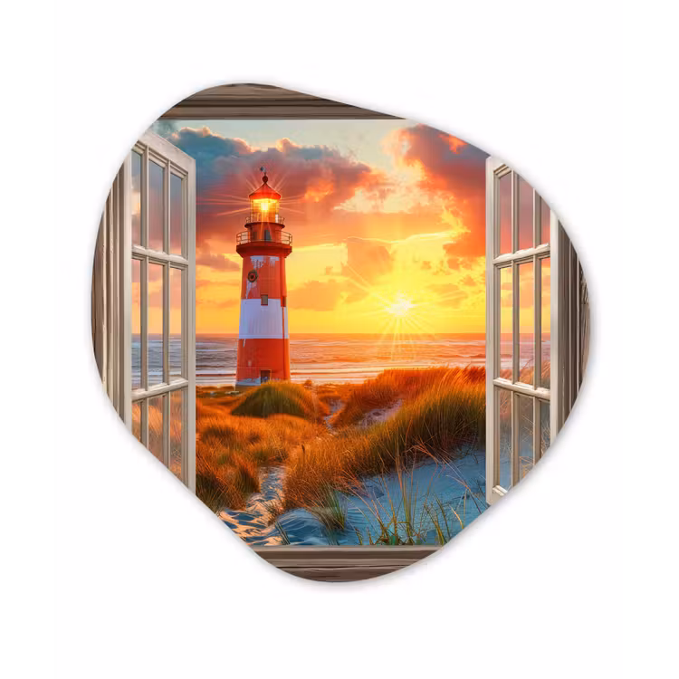 Organische vorm - schilderij - Aluminium - Doorkijk - Raam - Vuurtoren - Zonsondergang - Strand — 1