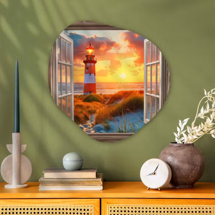 Organische vorm - schilderij - Aluminium - Doorkijk - Raam - Vuurtoren - Zonsondergang - Strand — 2