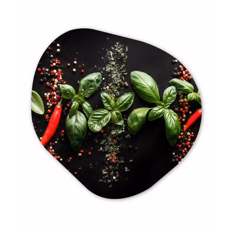 Organische vorm - schilderij - Aluminium - Chilipepers - Basilicum - Blaadjes - Rood