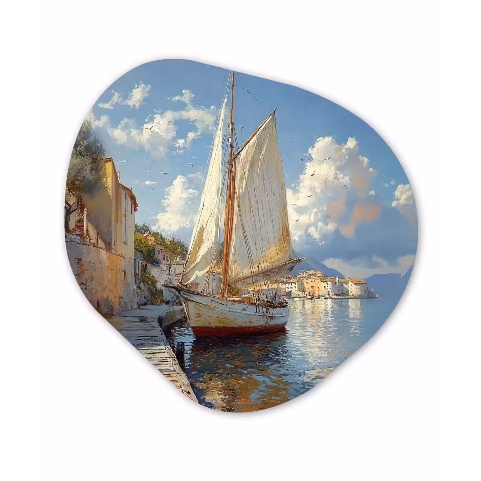 Organisch schilderij – Zeilschip - Huizen - Kade - Zee — 1