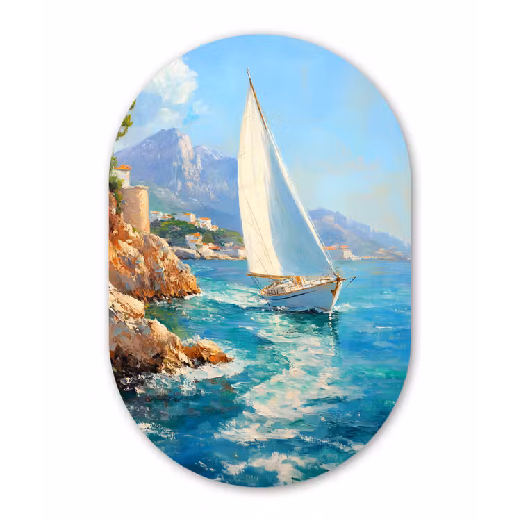 Muurovaal - aluminium - Zeilboot - Rotsen - Kust - Huizen — 1