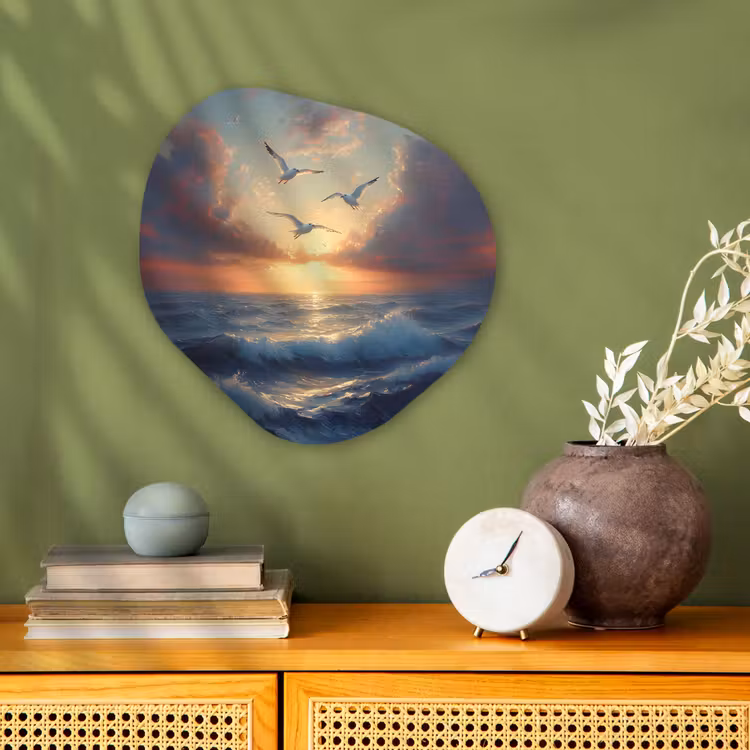 Organisch schilderij – Meeuwen - Zonsondergang - Zee - Wolken — 2