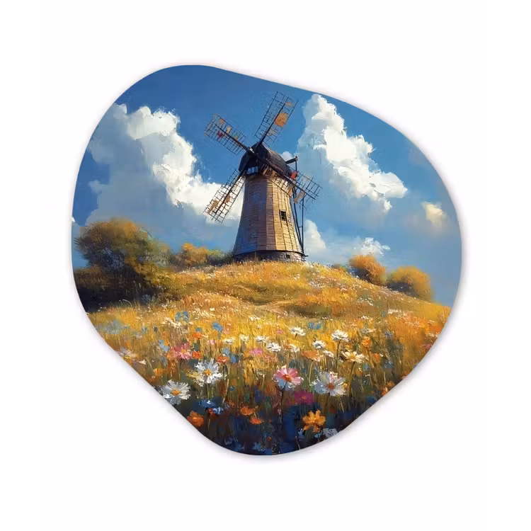 Organisch schilderij – Windmolen - Heuvel - Bloemen - Kleurrijk — 1