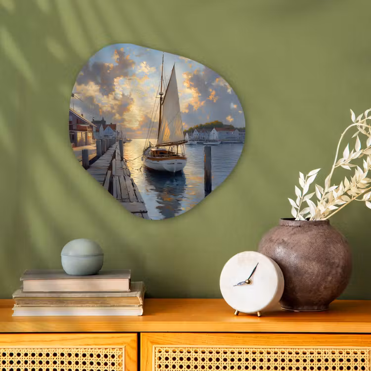 Organisch schilderij – Zeilboot - Zon - Pier - Hout — 2