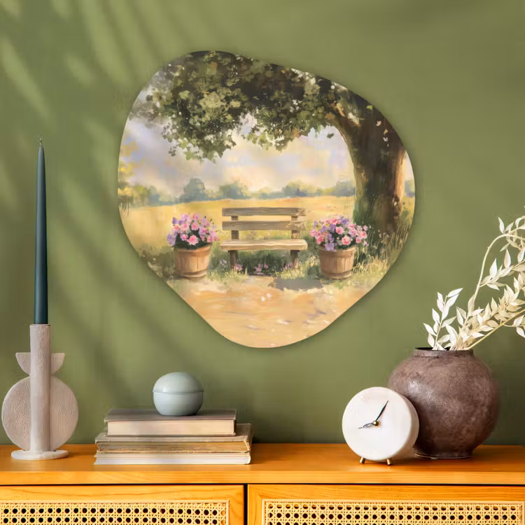 Organische vorm - schilderij - Aluminium - Houten bankje - Bloempotten - Landschap — 2