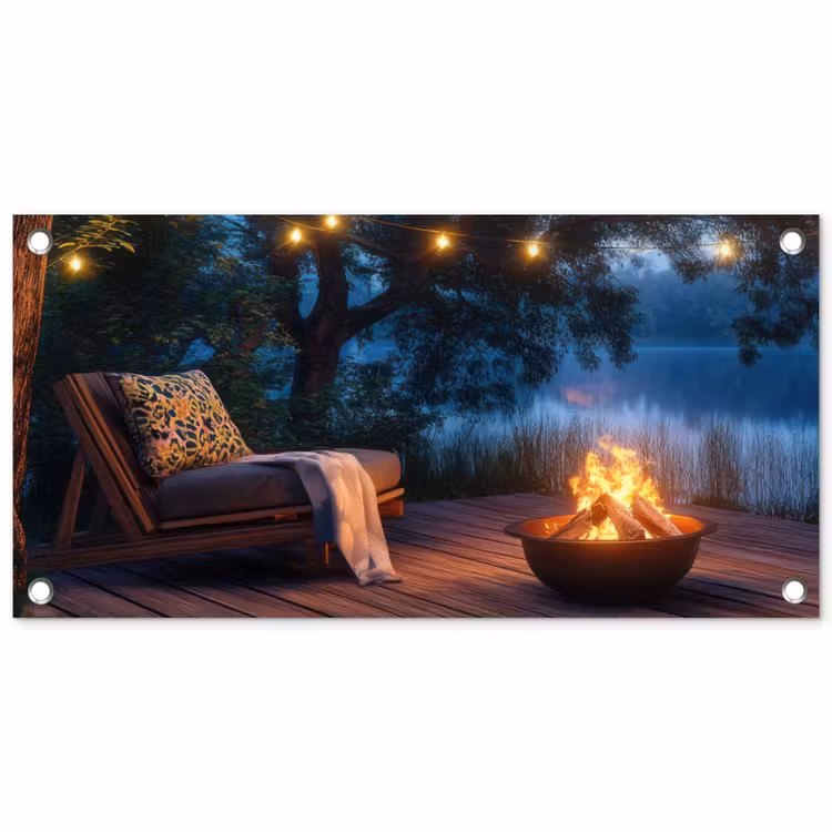 Tuinposter - Kampvuur - Meer - Avondlicht — 1