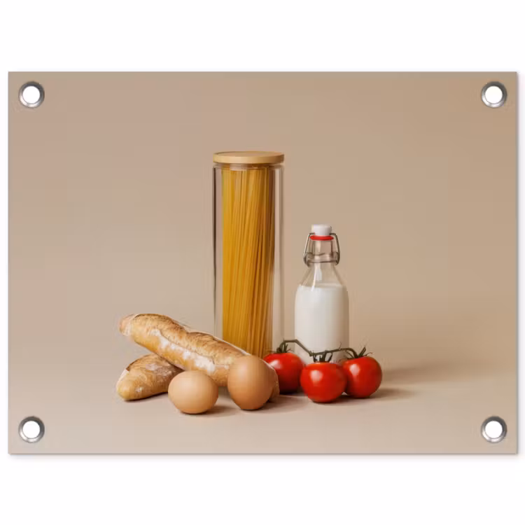 Tuinposter - Spaghetti - Melk - Tomaten - Eieren - Brood